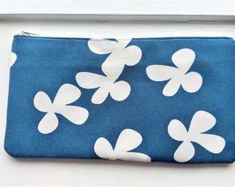 FLOWERS ON BLUE - Pencil Case, Cash Wallet, Clutch, Make Up Bag, Large Zipper Pouch Padded - Heavyweight Fabric Stain and Water Resistant