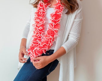 AIDA - CHUNKY and LACY Handmade Scarf - Chic Accessories Trendy Scarf in Orange Color with White Trim So Cute and Soft Trendy Winter Scarf