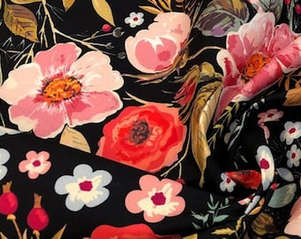 FLOWERS ON BLACK - Rectangular Tablecloth Heavyweight Fabric Water and Stain Resistant Spring Floral Prints -  48" x 55" -  120 cm x 140 cm