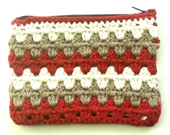 Handmade Crochet Pouch - RASPBERRY and CREAM - Zippered Pouch Crochet Bag, Make Up Case Cash Wallet, Clutch Fully Lined  - 5" x 8" Midi Size