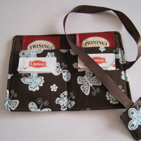 Chocolate with Baby Blue Butterflies Tea Book with Chocolate Brown Ribbon Closure