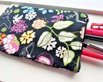 MEADOW Flowers on Black - Pencil Case,Make Up Cash Wallet, Clutch, Large Zippered Pouch  Flat - Heavyweight Fabric Stain and Water Resistant