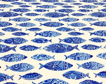 BLUE FISH - Custom Sizes- Handmade Tablecloth -  48”, 55”, 63", 70", 78" in length - 120 cm, 140 cm, 160 cm, 180 cm