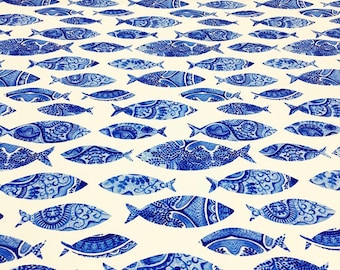 BLUE FISH - Custom Sizes- Handmade Tablecloth -  48”, 55”, 63", 70", 78" in length - 120 cm, 140 cm, 160 cm, 180 cm