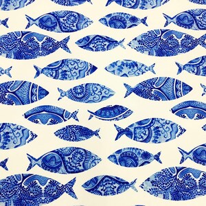Small ROUND Handmade Tablecloth Diameter 55 140 cm BLUE FISH on White image 3