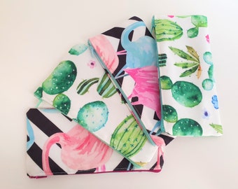 TROPICS - Set of 4 Mini Pouches - Cash Wallet, Clutch, Make Up Bag Large Zippered Pouch - Flat - Ready to Ship