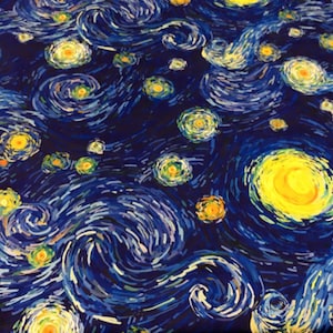 May include: A blue and yellow fabric with a swirling pattern reminiscent of Vincent van Gogh's "Starry Night".