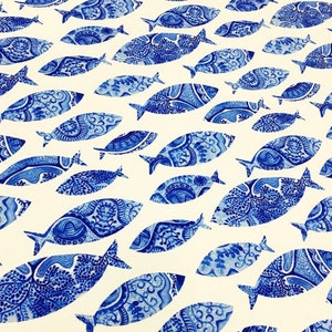 Small ROUND Handmade Tablecloth Diameter 55 140 cm BLUE FISH on White image 4