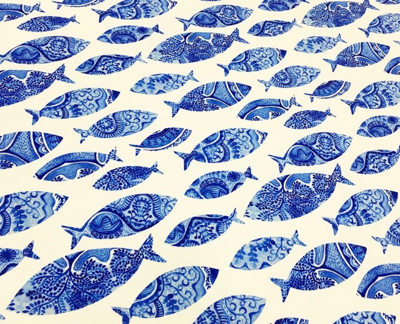 Small ROUND Handmade Tablecloth Diameter 55 140 cm BLUE FISH on White image 4