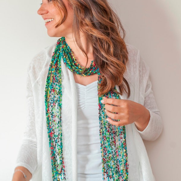 GIFTS FOR HER- Handmade Lightweight and Chic Scarf  in gorgeous tones of Emerald,  Blue, Black, Red, Handknit Lacy Scarf