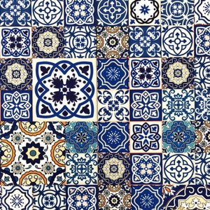 May include: A colorful tile pattern with blue, white, and yellow geometric designs. The tiles are arranged in a grid pattern and feature various floral and abstract motifs.