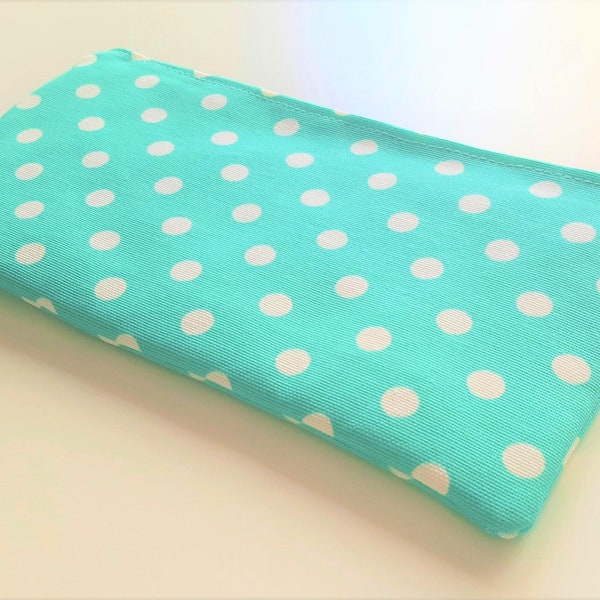 Polka Dots on Soft Pastel Teal - Cash Wallet, Clutch, Make Up Bag Large Zippered Pouch - Flat