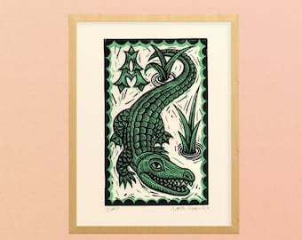 Kids Room Decor - Baby Shower Gift for Boy- Alligator Linocut Art 8.5x11 Print - Kindergarten Classroom Art