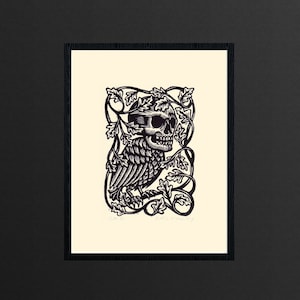 Skull Bird 8.5x11 Linocut Print for Gallery Wall Goth Decor
