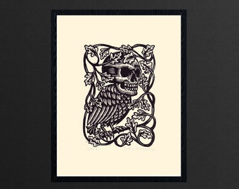Impression linogravure oiseau tête de mort 8,5 x 11 pour décoration murale gothique