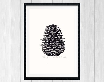 Linocut Art Print Pinecone - Original Art Pinecone - 8.5x11 Gallery Wall Art Pinecone - Rustic Home Decor - Black and White Art Print