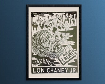 Wolf-Man Poster Art Print - Retro Horror Movie Poster - 18x24 Woodcut Art - Werewolf Artwork - Classic Horror Movie Poster - Goth Decor