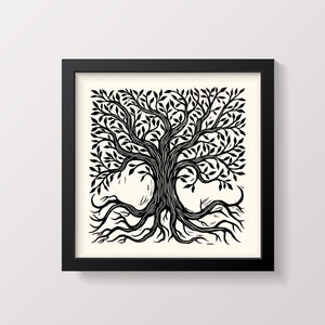 Tree Art Tree of Life Wall Art Linocut Print Square Art 12x12 Inch Wall Art Black and White Home Decor Ornate Tree Artwork image 1