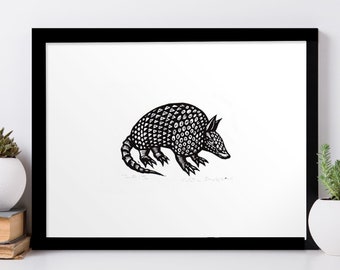 Armadillo Hand Printed Linocut Wall Art Print
