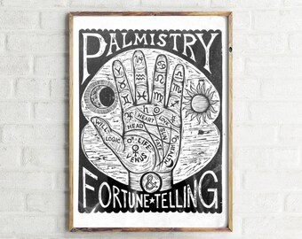 Palm Reading Woodcut Print - 18x24 Wall Art