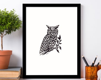 Wall Art for Home Gallery Wall - Owl Art Print - Linocut Prints - Owl Decor - Rustic Wall Art - 8x10 Prints - Art - Living Room Decor -