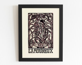 Tarot Card Art - Wall Art for Bedroom - 8.5 x 11 Prints - Lovers Tarot Linoleum Block Print - Lovers Tarot Artwork - Valentines Day Gift