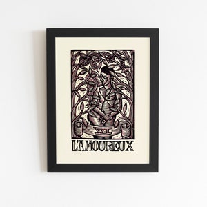 Tarot de los amantes, impresión en linóleo de 8,5 x 11 pulgadas para galería de pared, regalo para aniversario o boda