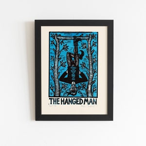 Carte de tarot le pendu, impression linogravure 8,5 x 11