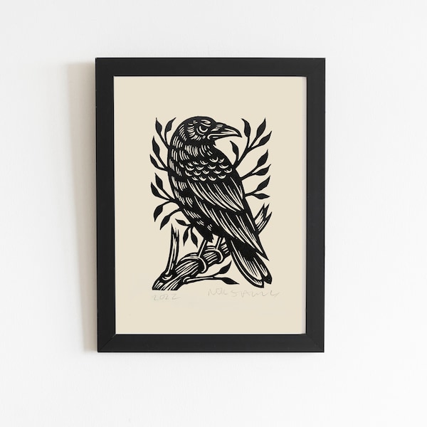 Original Art Linocut Print Crow, Raven on Branch 8.5x11 Linocut Art Print, Original Art for Gallery Wall, Black and White Prints