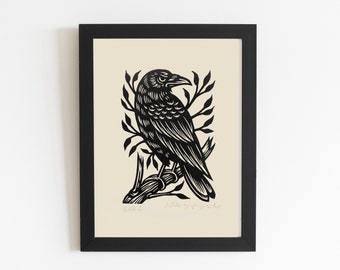 Original Art Linocut Print Crow, Raven on Branch 8.5x11 Linocut Art Print, Original Art for Gallery Wall, Black and White Prints