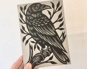 Carte postale typographique corbeau noir - cartes postales 5 x 7 imprimées à la main