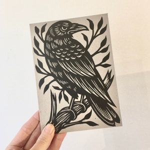 Schwarzer Rabe handbedruckte 13x18 Letterpress Linolschnitt Postkarten