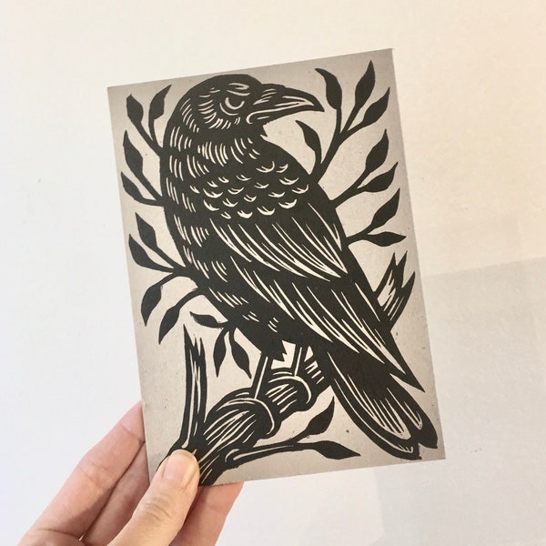 Black Raven Letterpress Postcard - Hand Printed 5x7 Postcards