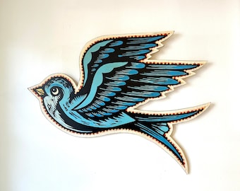 Bird Art - Original Artwork for Home Decor - Anniversary Gift  - Swallow Bird Woodcut Wall Art - Tattoo Style Artwork - Bird Art