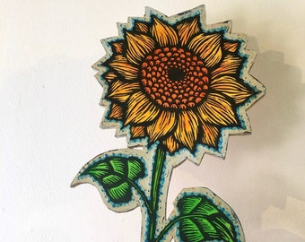 Sunflower Wall Art - Woodcut Painting - Home Decor - 10 x 16.5 Inch