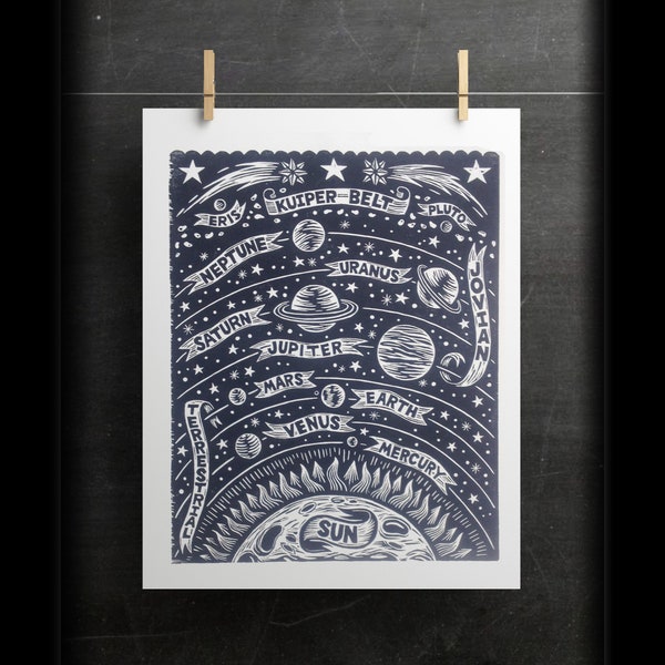 Sonnensystem Holzschnitt Druck – Planeten Kunst, Astronomie Geschenk