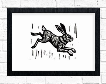 Rabbit Art - Gallery Wall Art Linocut Print - Leaping Rabbit Wall Art Print for Home - Animal Linocut Prints - Black and White Artwork