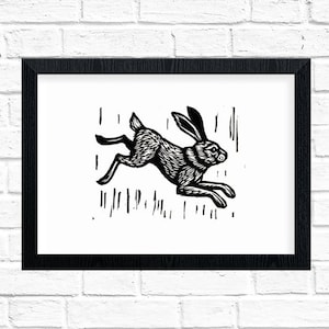 Rabbit Art - Gallery Wall Art Linocut Print - Leaping Rabbit Wall Art Print for Home - Animal Linocut Prints - Black and White Artwork