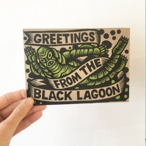 Postal impresa en tipografía de 5 x 7 de Criatura de la Laguna Negra: postales individuales o juego de 5