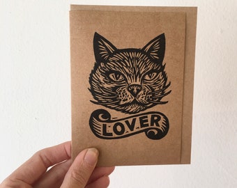Linocut Cat Lover Greeting Card - Hand Printed Blank Card