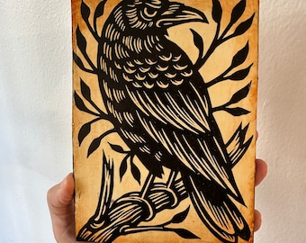 Original Art Raven - Linocut Print on Wood Wall Art - Home Decor Halloween - Goth Decor - Witchy Living Room Decor - Crow Art - Kitchen Art