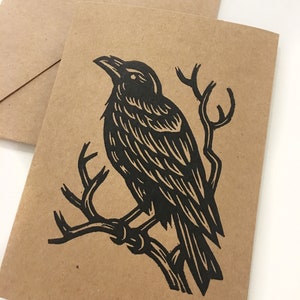 Raven Linocut Greeting 4x6 Card - Any Occasion Greeting Card Bird - Brown Kraft Paper 4x6 Notecards