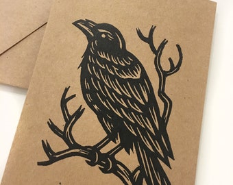 Raven Linocut Greeting 4x6 Card - Any Occasion Greeting Card Bird - Brown Kraft Paper 4x6 Notecards