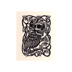 Goth Home Decor Weird Art Skull Bird 8.5x11 Linocut Print for Gallery Wall image 2