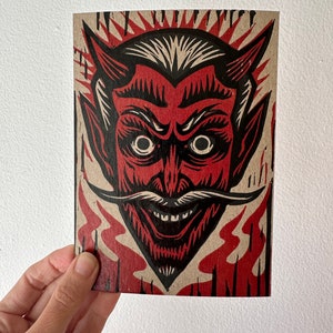 Postal con impresión tipográfica del diablo - Postal de cartón - Postales impresas a mano - Postales de 5 x 7 - Postales en linóleo