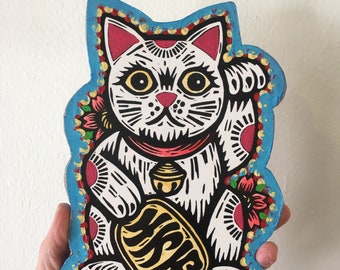 Housewarming Gift - Good Luck Gift - Wood Art for Home Gallery Wall  - Lucky Cat Print on Wood Art - Maneki Neko Art