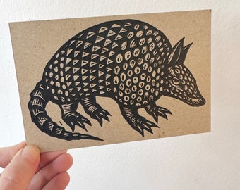 Armadillo Linocut Postcard - Letterpress Animal Card