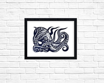 Octopus Linocut Print, Nautical Wall Art, Sea Creature Illustration