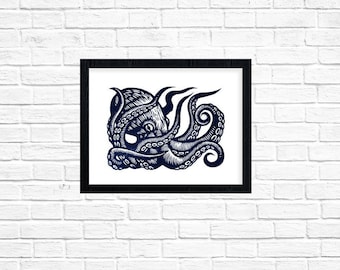 Octopus Art - Nautical Art - Ocean Animal Wall Art - Octopus Linocut 8.5 x 11 Print