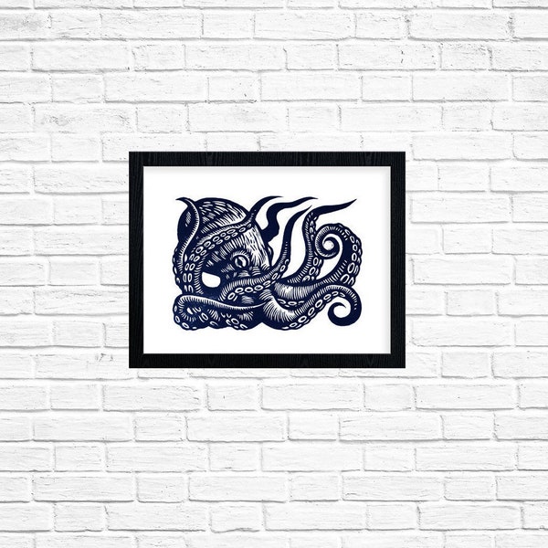 Oktopus Kunst - Nautische Kunst - Ozeantier Wandkunst - Oktopus Linolschnitt 8,5 x 11 Druck